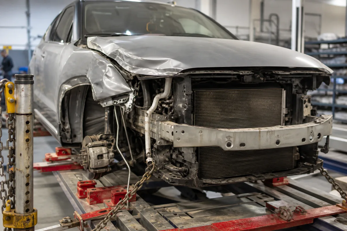 Véhicule bridé sur un banc de carrosserie dans un atelier, vu depuis l’avant