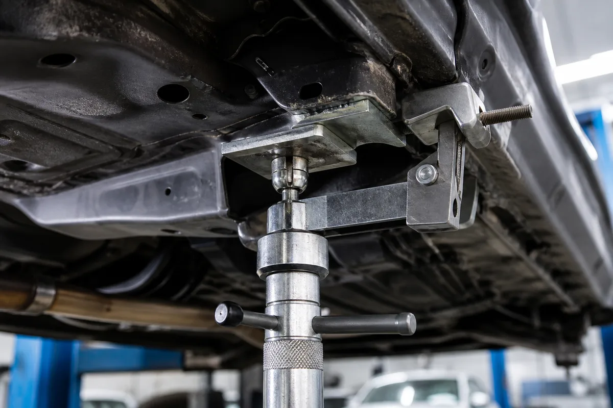 Support de mesure fixé sous le plancher d’un véhicule bridé en atelier