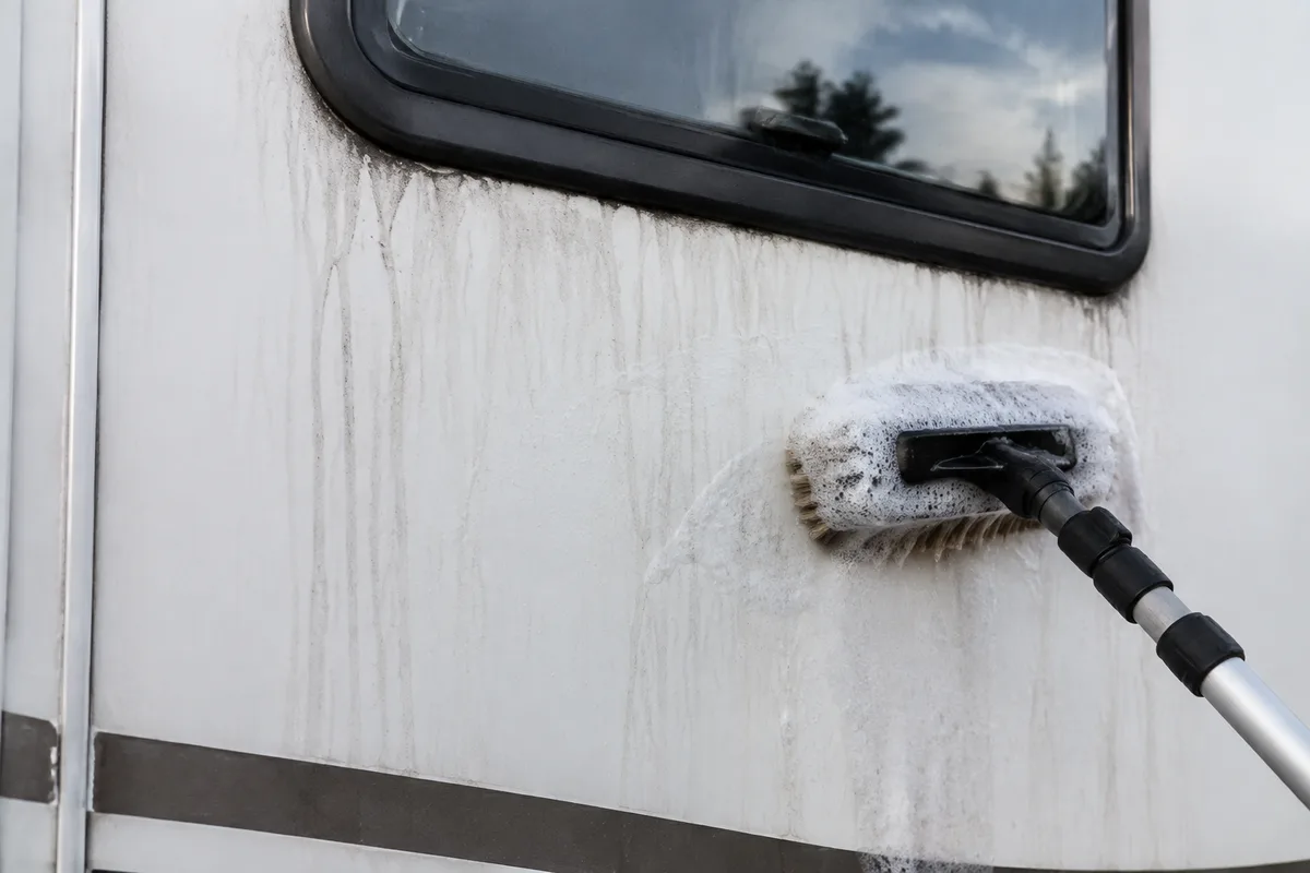 Flanc de cellule de camping-car présentant des coulures noires sous une baie, lavage en cours
