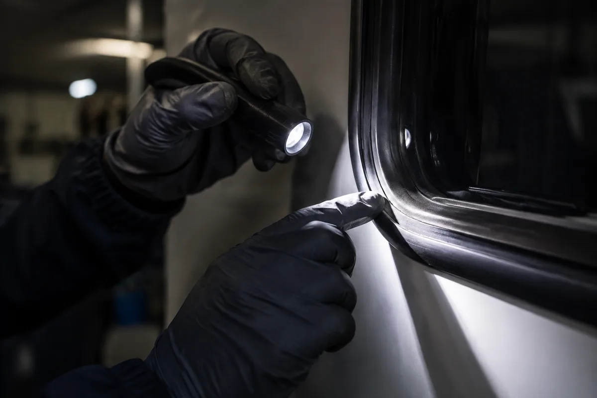 Carrossier inspectant à la lampe le joint de baie d&rsquo;une cellule de camping-car en atelier