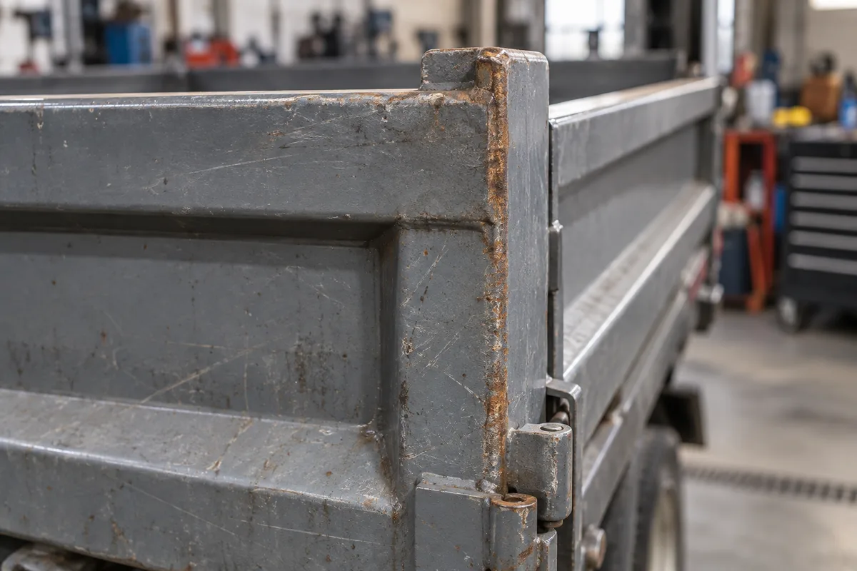 Angle d&rsquo;une ridelle de benne en acier marqué par des rayures et un début de corrosion