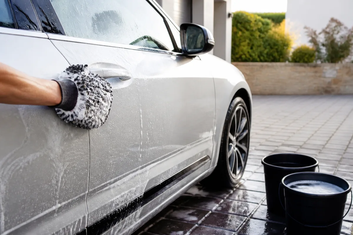 Lavage manuel d’une carrosserie avec un gant de lavage et deux seaux posés au sol