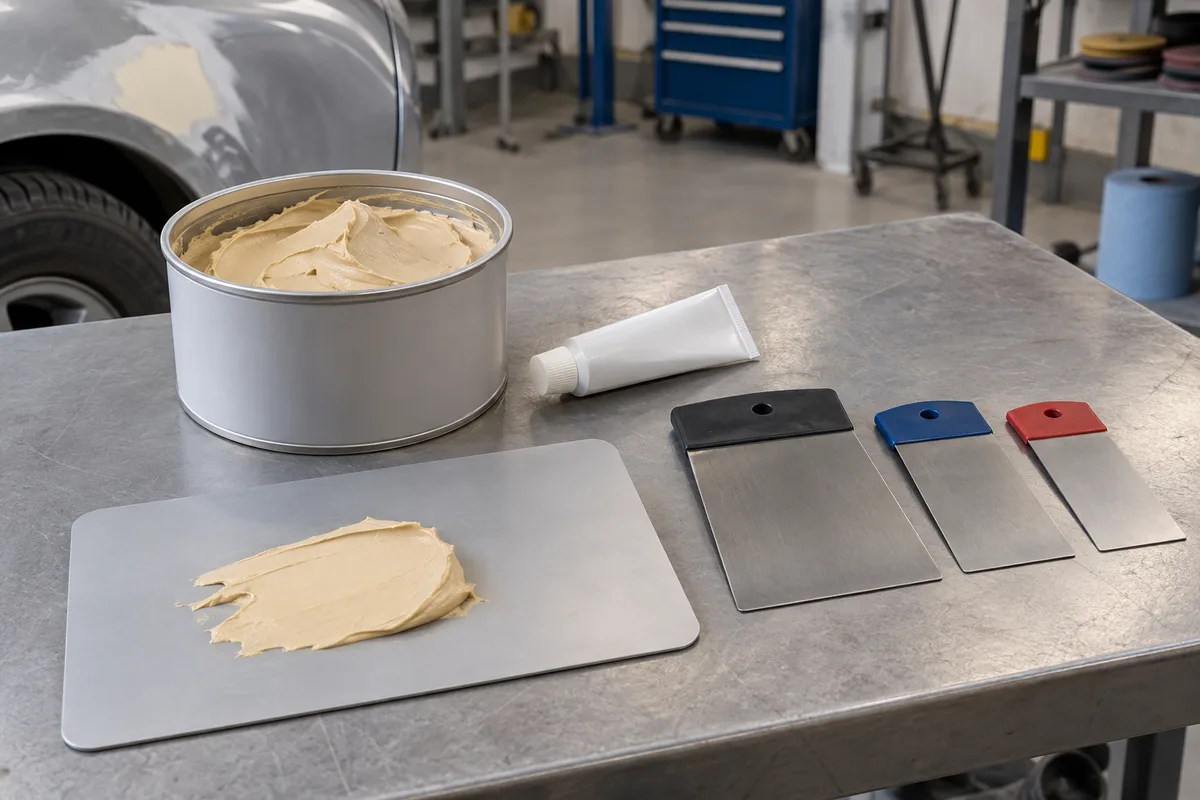 Pot de mastic ouvert et tube de durcisseur posés sur une plaque de mélange avec des spatules propres
