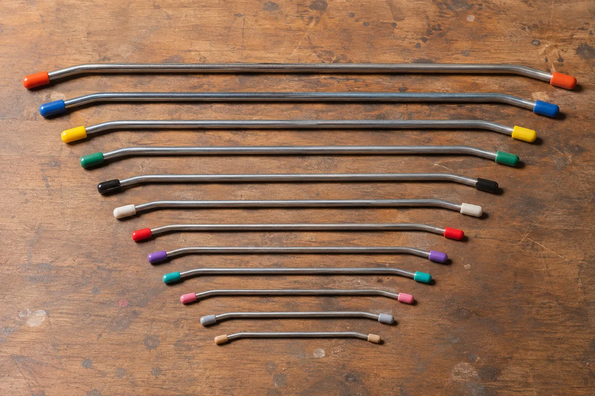 Jeu de tiges à débosseler alignées sur un établi d’atelier de carrosserie