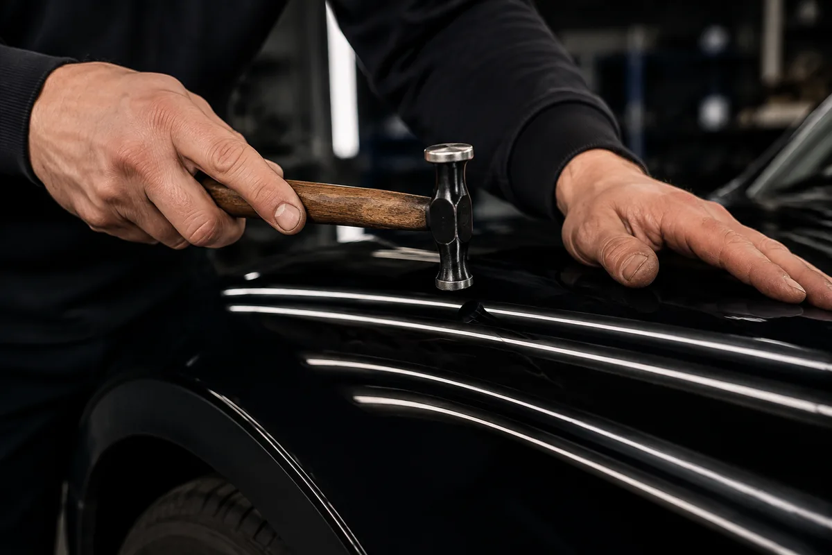 Technicien contrôlant le reflet des bandes lumineuses sur une aile de voiture pendant la finition