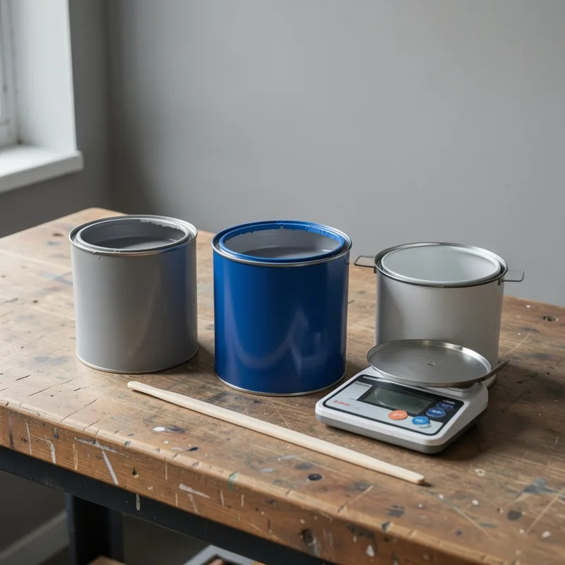 Pots d&rsquo;apprêt, de base colorée et de vernis alignés sur un plan de travail d&rsquo;atelier de carrosserie