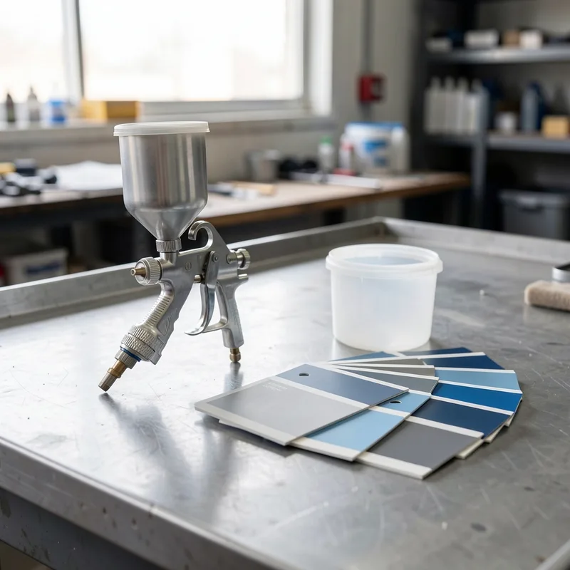 Pistolet de peinture réglé sur un établi à côté d&rsquo;un nuancier de teintes automobiles