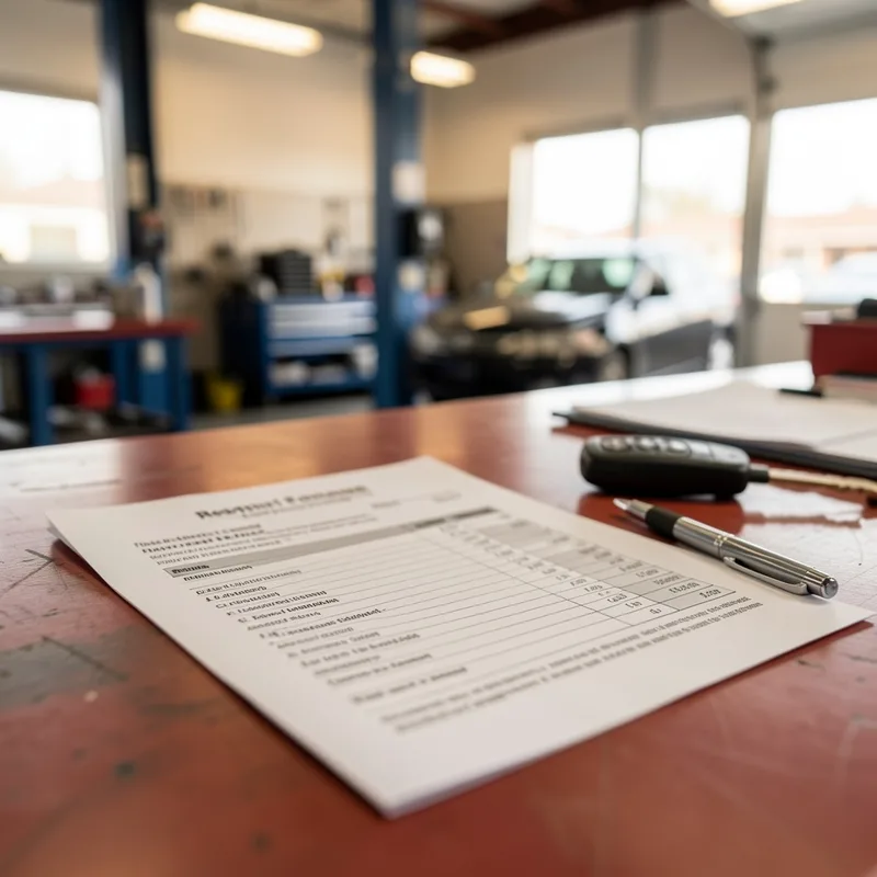 Devis de carrosserie détaillé posé sur un comptoir d&rsquo;atelier avec une clé de véhicule