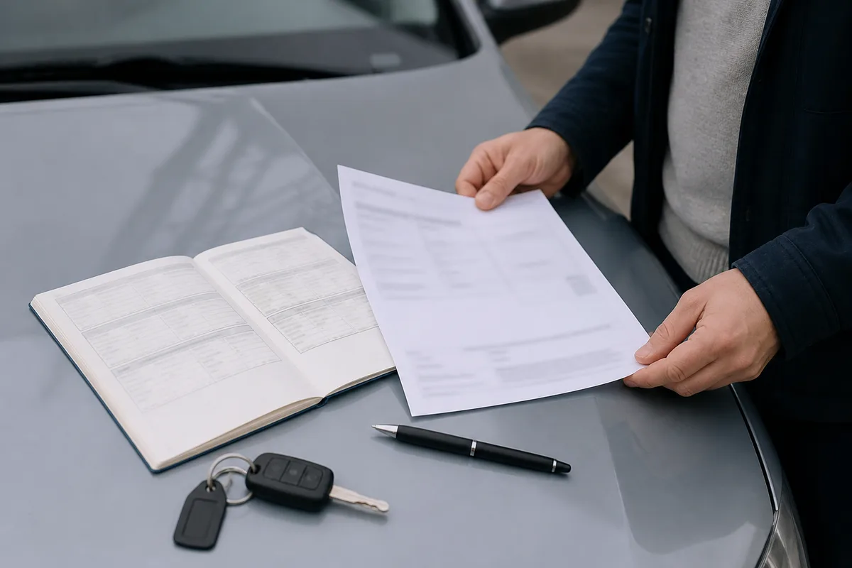 Automobiliste examinant un carnet d entretien et un devis de carrosserie