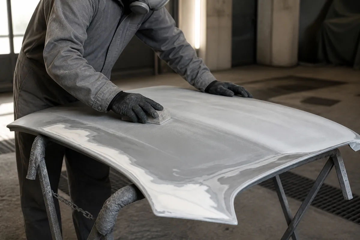 Panneau de carrosserie décapé en cours de ponçage à la cale dans un atelier
