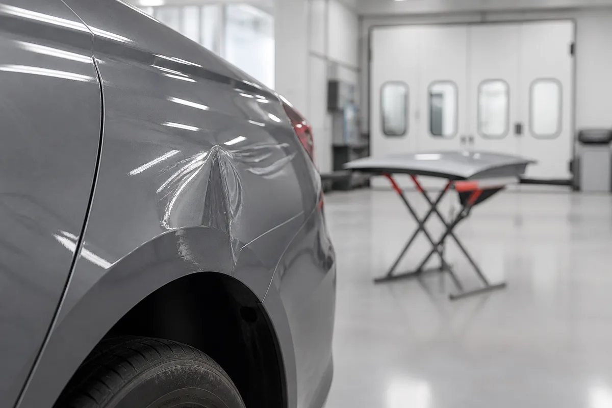 Détail d&rsquo;une aile de voiture grise présentant une bosse et une rayure