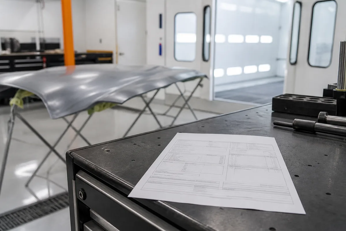 Devis de réparation automobile posé sur un plan de travail d&rsquo;atelier