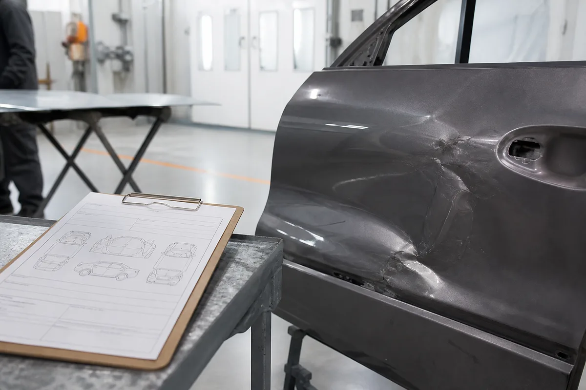 Constat de dommage automobile posé près d&rsquo;une portière abîmée