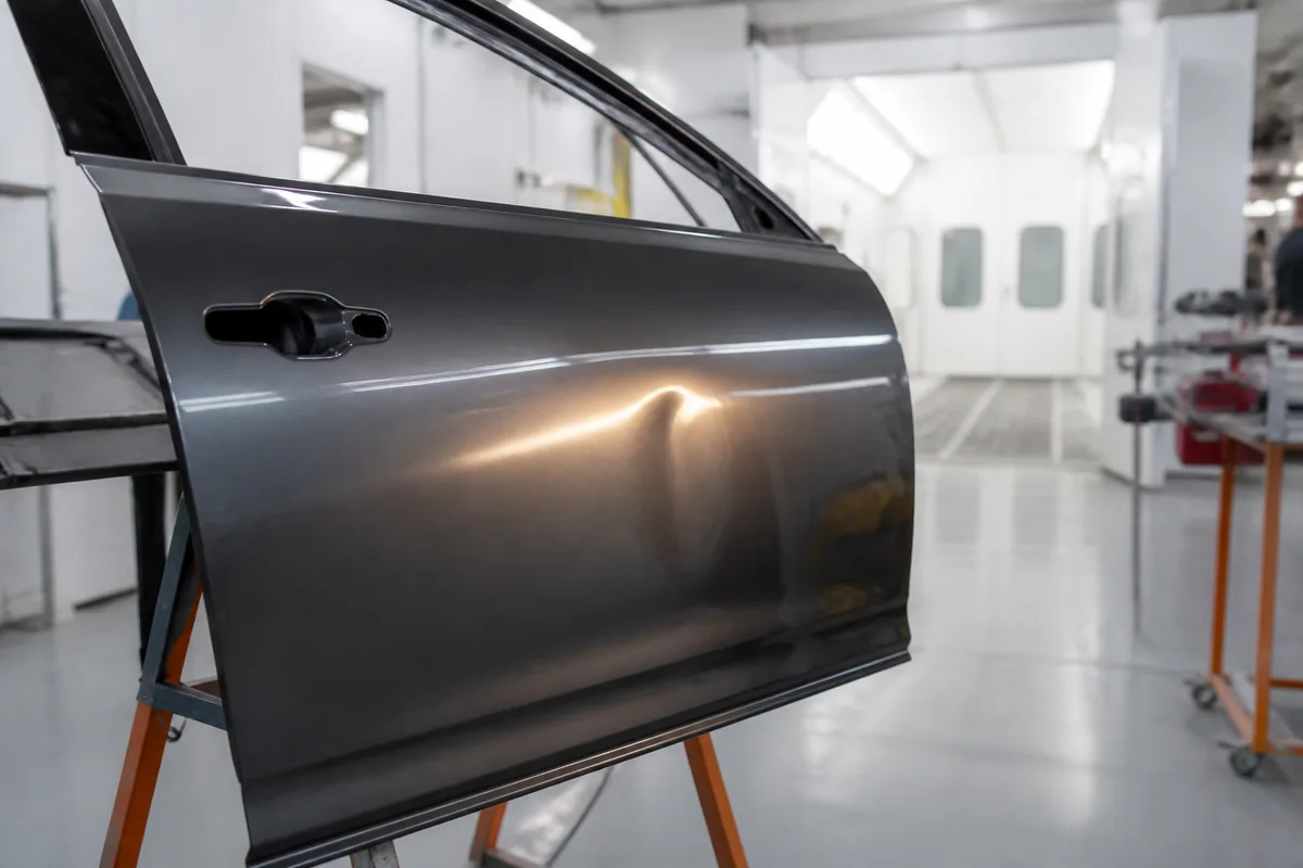 Portière de voiture présentant une bosse légère en lumière rasante