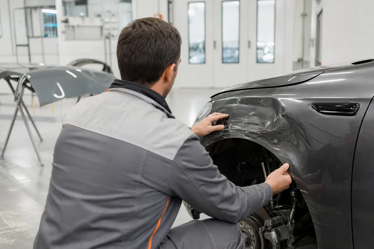 Expert automobile examinant une aile endommagée dans un atelier