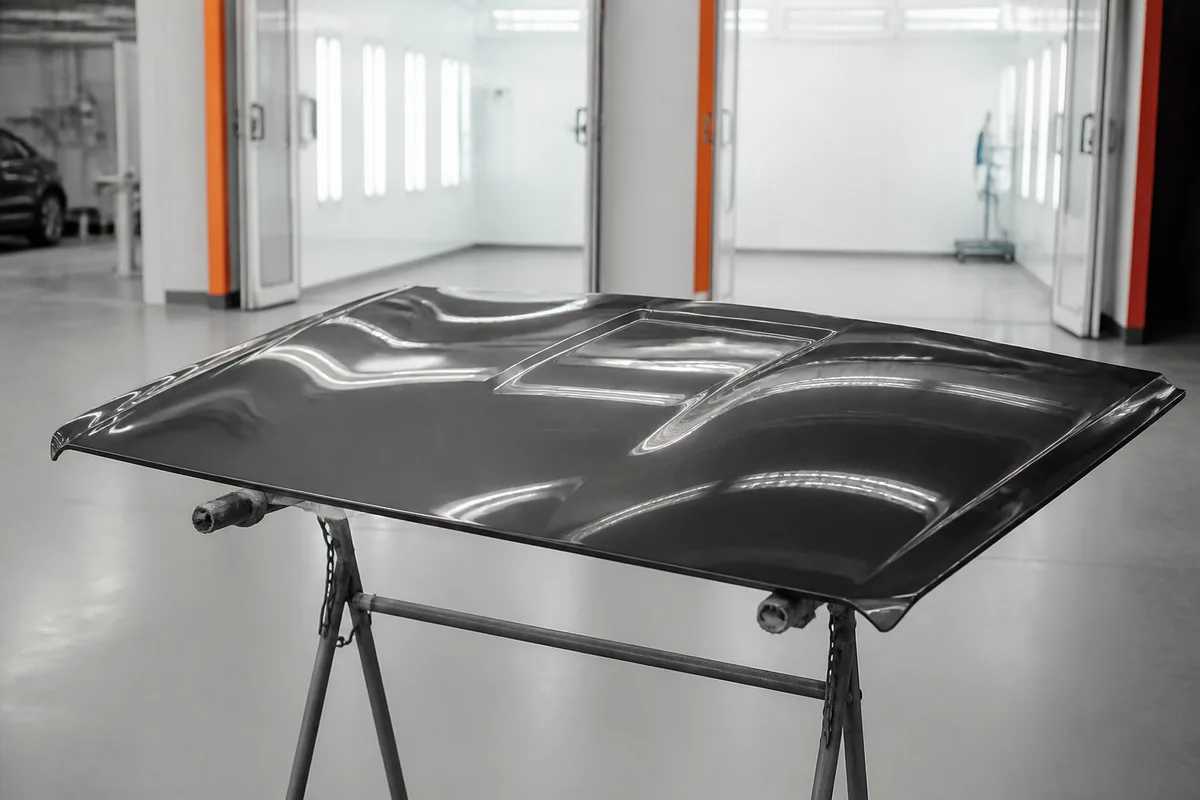 Capot de voiture déposé et posé sur un support d&rsquo;atelier